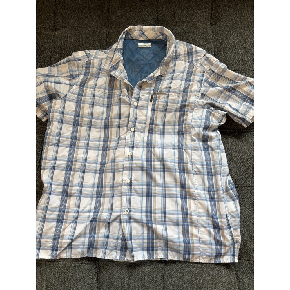 Columbia Mens Blue &White Plaid Short Sleeve Button Down Shirt Size XL